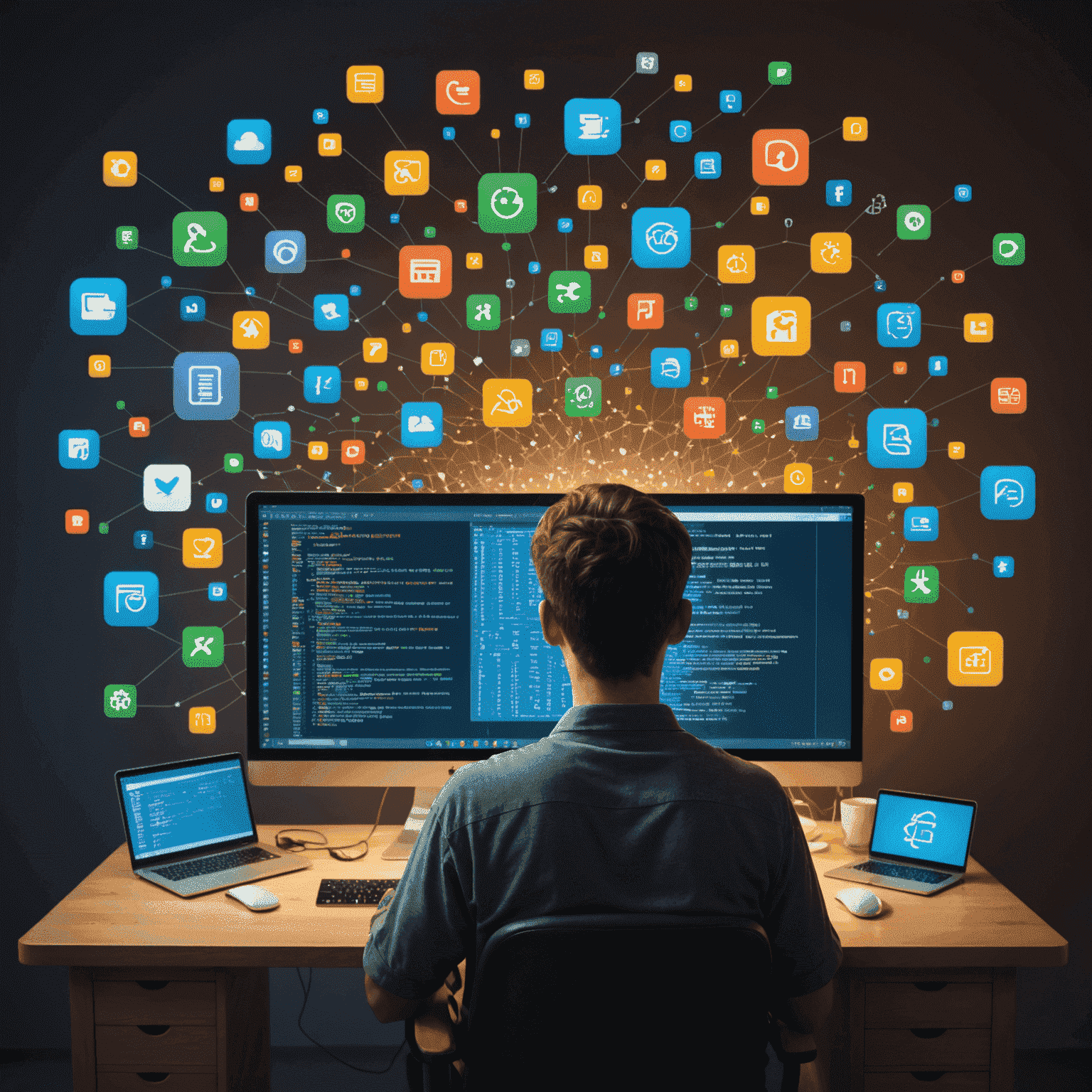 Una persona sentada frente a una computadora con múltiples ventanas de código abiertas, rodeada de iconos de diferentes lenguajes de programación flotando en el aire.
