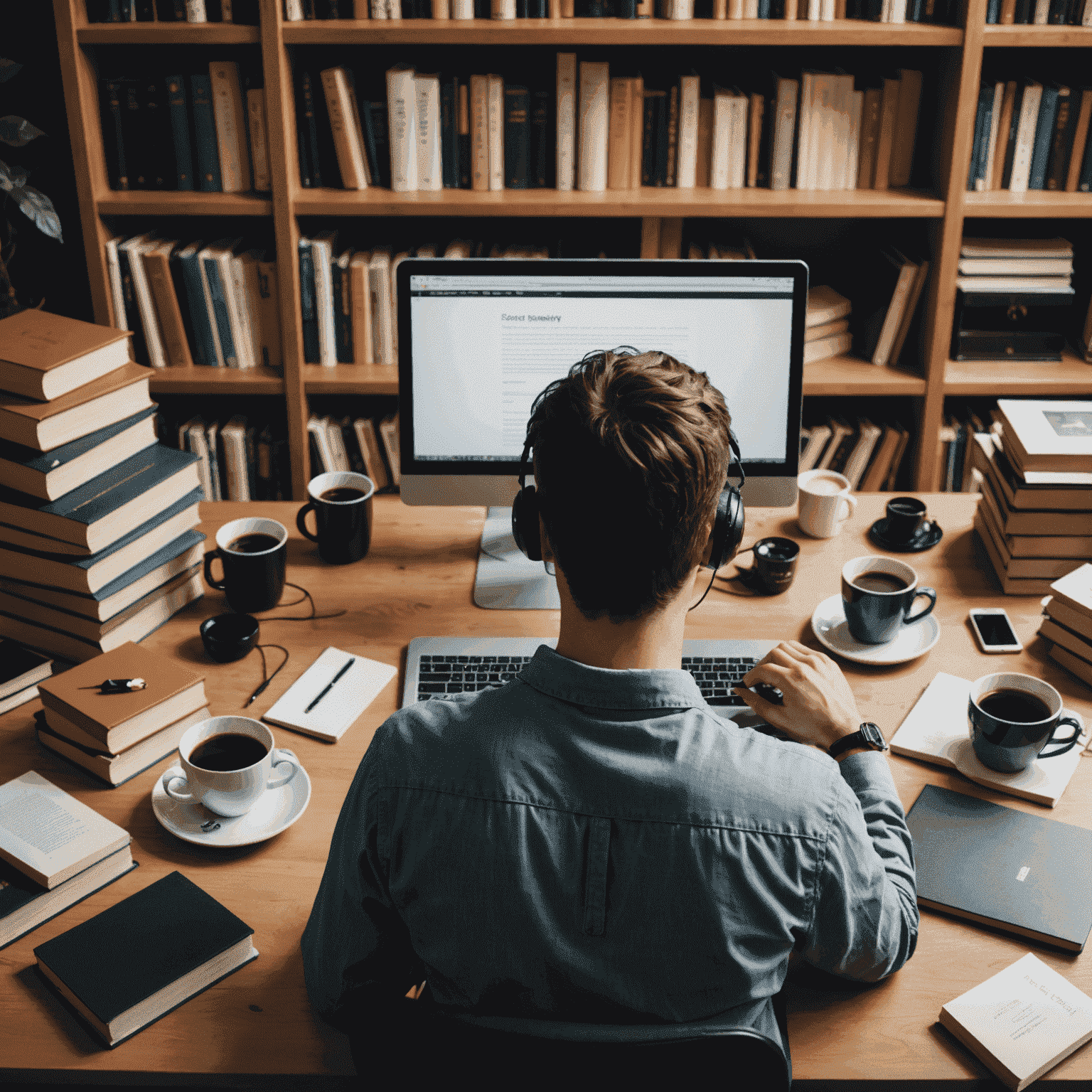 Una imagen que muestra una persona sentada frente a una computadora, rodeada de libros y tazas de café, simbolizando el proceso de aprendizaje de programación en línea