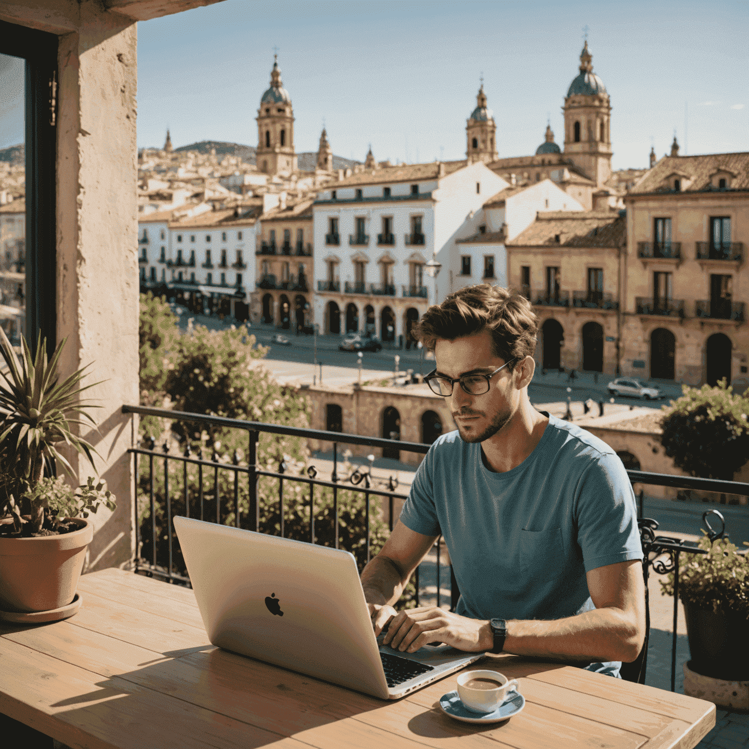 Un programador trabajando en su portátil en una terraza soleada con vistas a una ciudad española