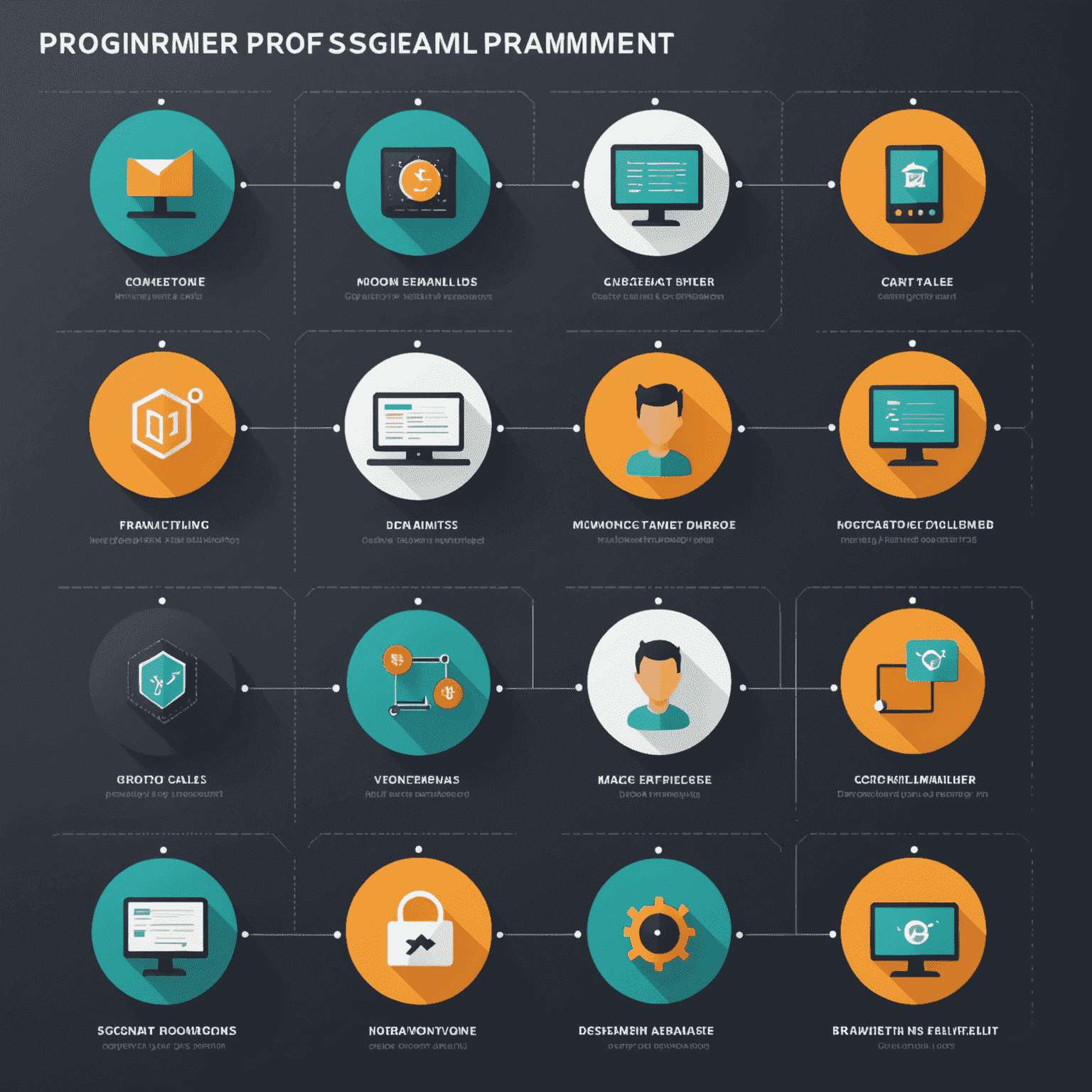 Una línea de tiempo visual que muestra el progreso de un programador principiante a profesional, con hitos y logros representados por iconos de codificación.