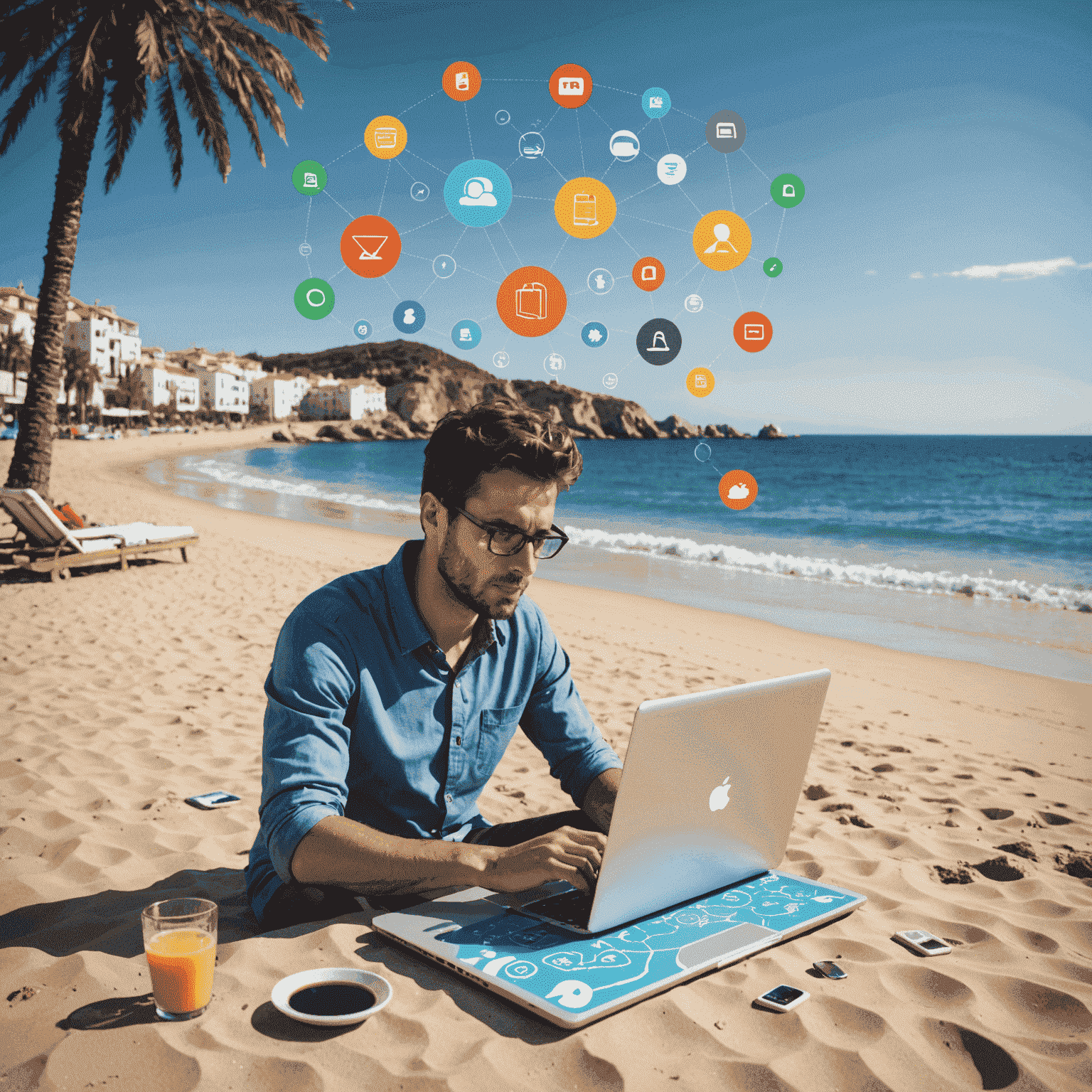 Un programador trabajando con su laptop en una playa española, con iconos de tecnología flotando alrededor