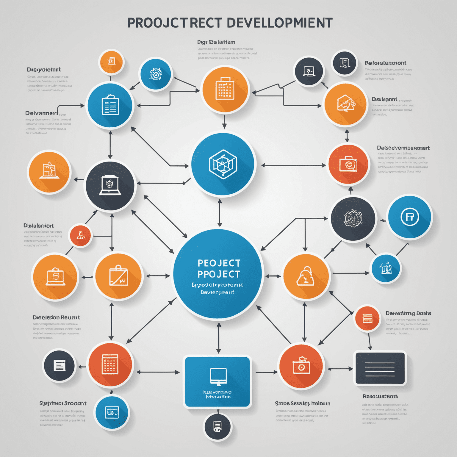 Un diagrama de flujo que muestra las etapas de desarrollo de un proyecto, desde la idea inicial hasta el despliegue, con iconos de herramientas de programación